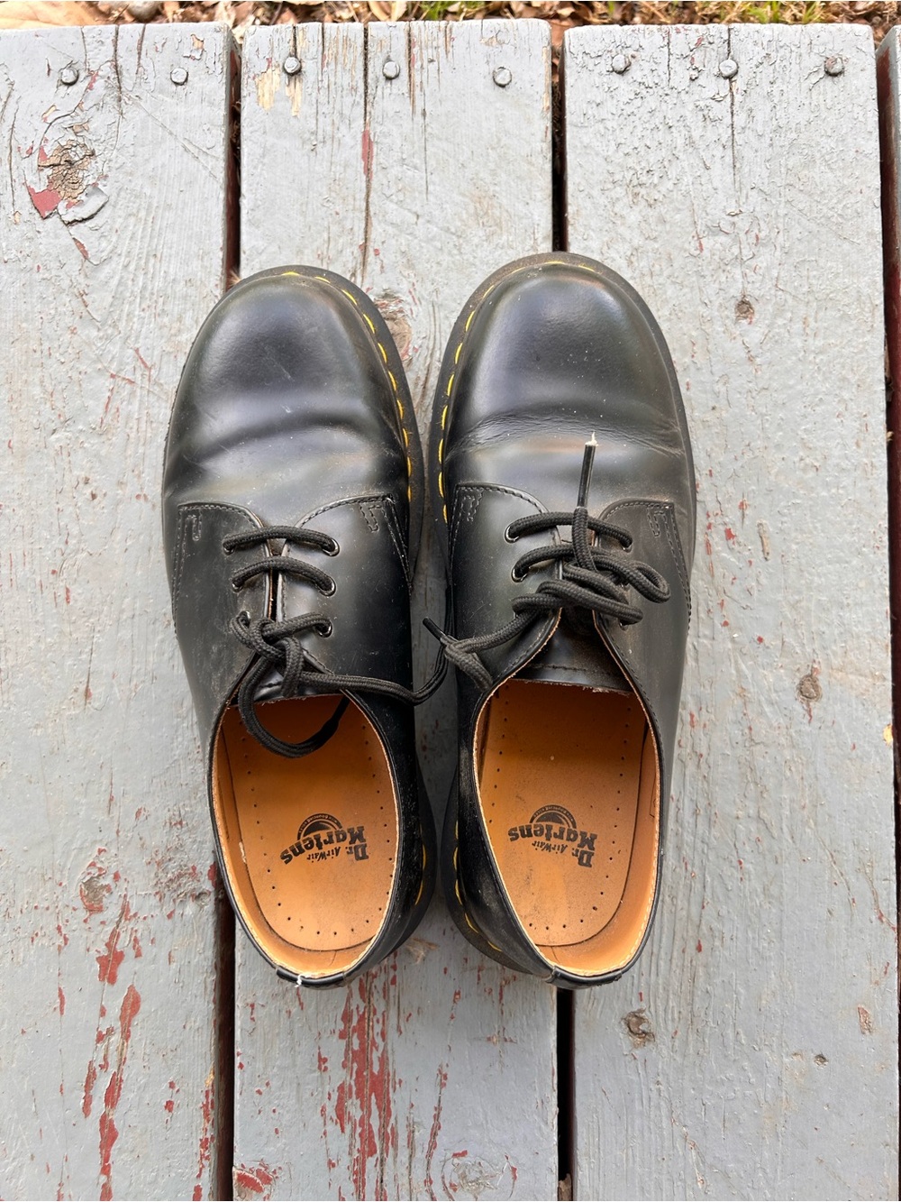 Dr. Martens Black Leather Lace-Up Flats with Yellow Stitching - Picture 2 of 6